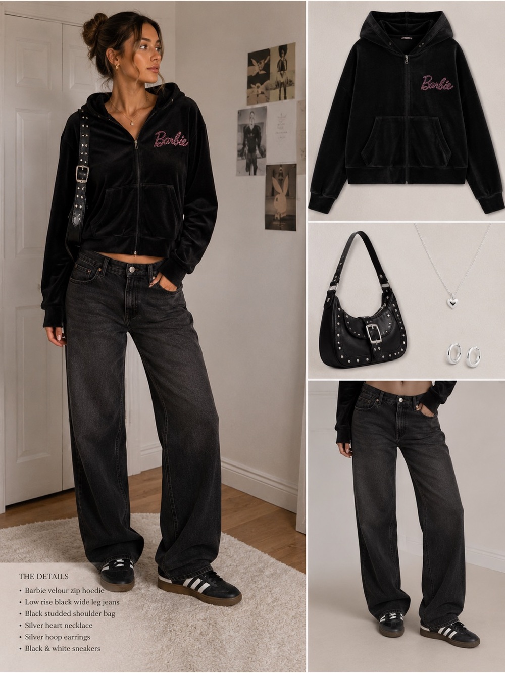 Barbie Black Velour Zip Jacket with Pink Rhinestone Logo